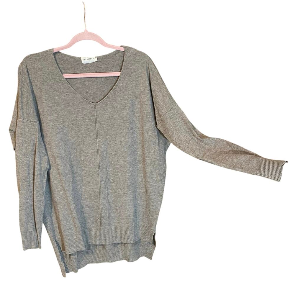 Dreamers by Debut Taupe V-Neck High-Low Hem Sweater Women’s M Soft Knit Top